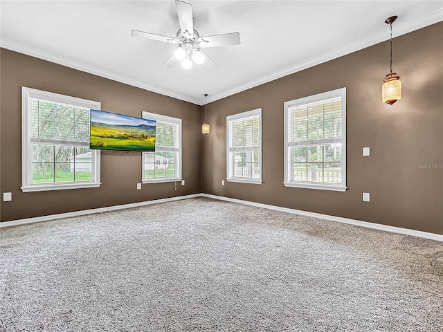 spare room featuring ceiling fan and ornamental molding