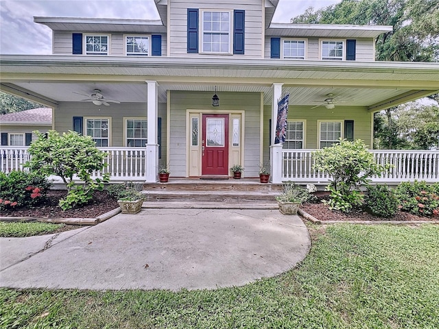 view of front of home featuring covered porch and ceiling fan