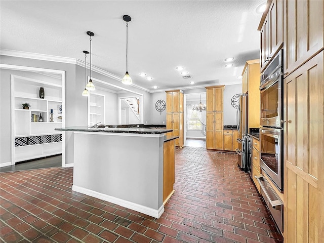 kitchen featuring decorative light fixtures, crown molding, stainless steel double oven, a textured ceiling, and built in shelves