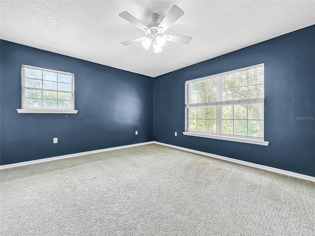 empty room featuring ceiling fan, carpet, and a textured ceiling