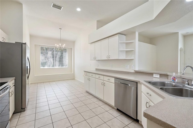 kitchen featuring sink, white cabinetry, pendant lighting, and appliances with stainless steel finishes