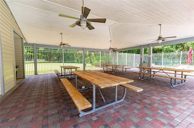 view of patio featuring ceiling fan