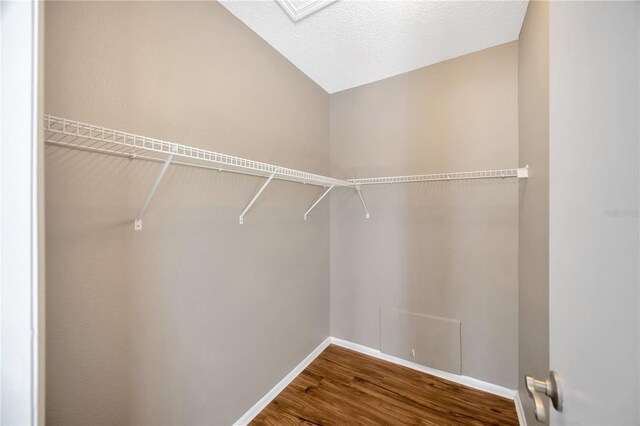 spacious closet featuring hardwood / wood-style floors and vaulted ceiling