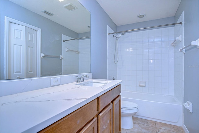 full bath featuring toilet, a closet, vanity, and visible vents