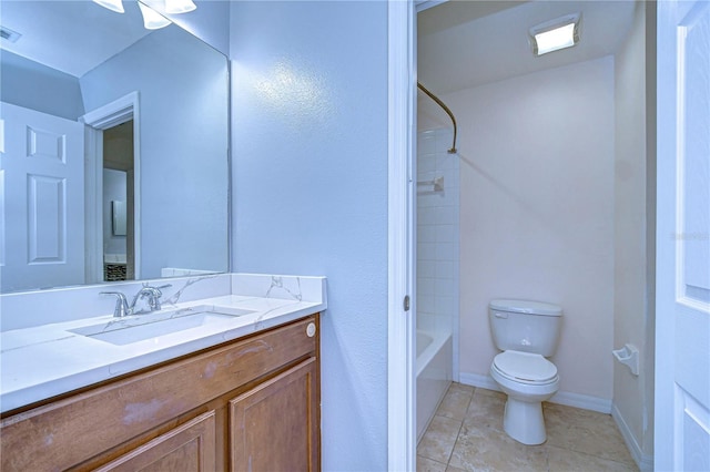 full bathroom featuring shower / washtub combination, visible vents, toilet, vanity, and tile patterned flooring