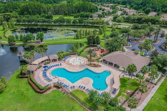 view of pool featuring a water view