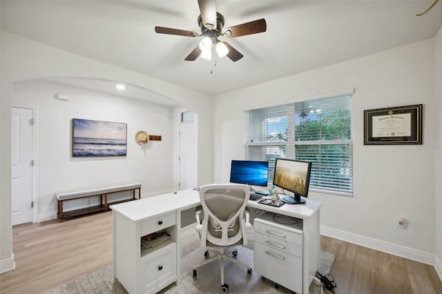 home office featuring ceiling fan and light hardwood / wood-style floors