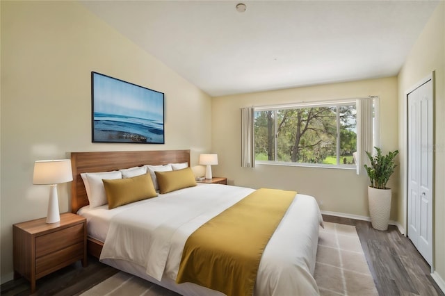 bedroom with dark hardwood / wood-style floors