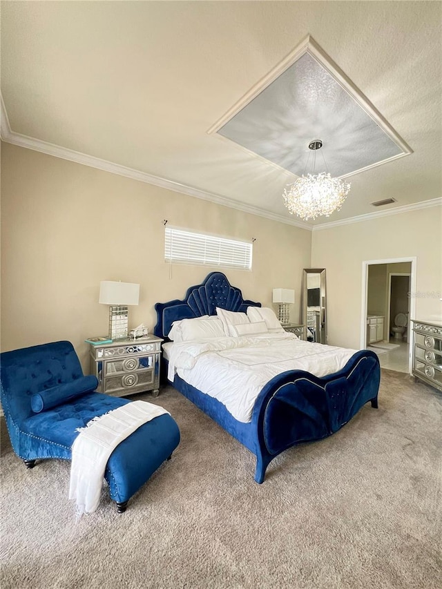 bedroom featuring an inviting chandelier, a textured ceiling, crown molding, and carpet floors