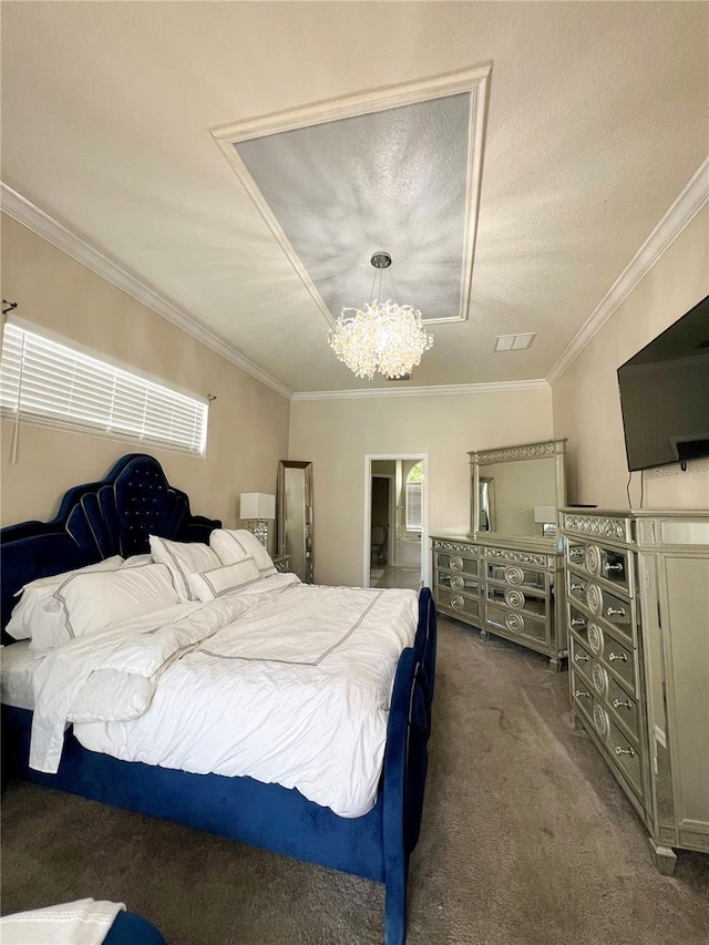 bedroom featuring ornamental molding, an inviting chandelier, and dark carpet