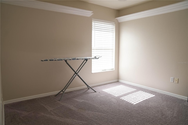 carpeted empty room featuring a wealth of natural light and ornamental molding