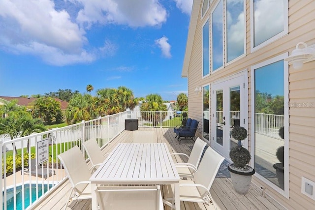 wooden terrace with a fenced in pool