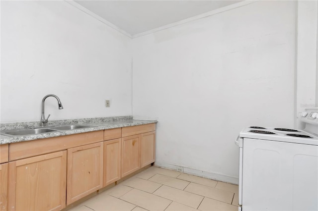 interior space with crown molding, sink, and light tile patterned floors