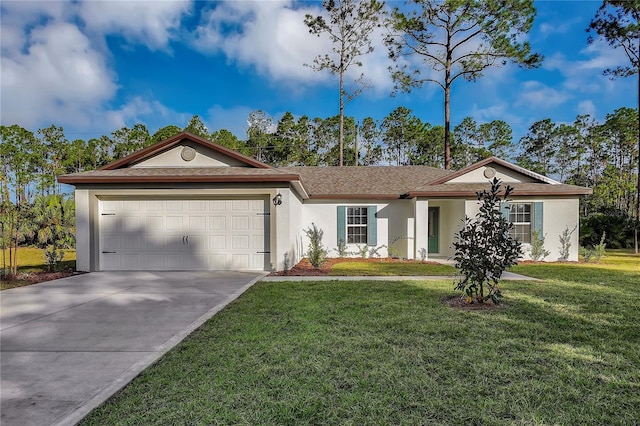 ranch-style house with a garage and a front yard