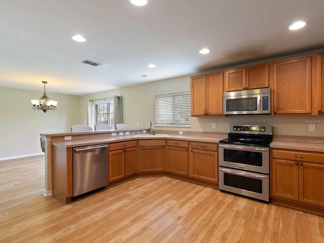 kitchen with sink, decorative light fixtures, light hardwood / wood-style flooring, kitchen peninsula, and stainless steel appliances