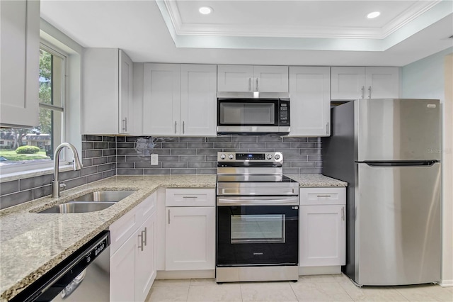 kitchen with stainless steel appliances, a raised ceiling, and ornamental molding