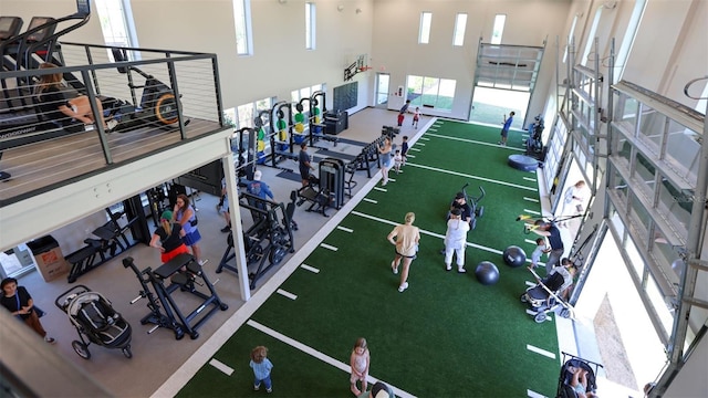 gym with carpet and a towering ceiling