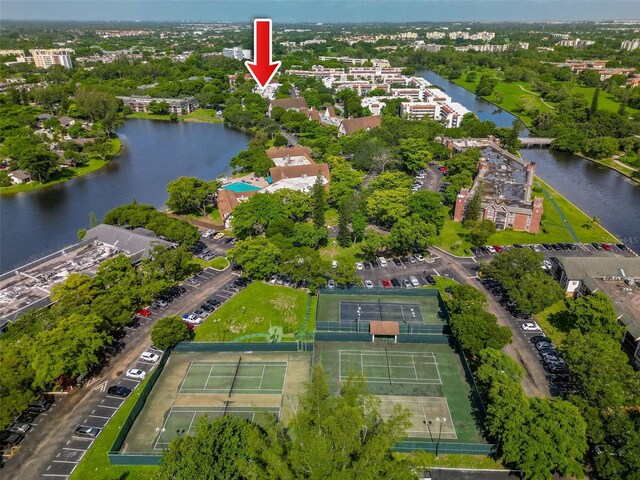 aerial view featuring a water view