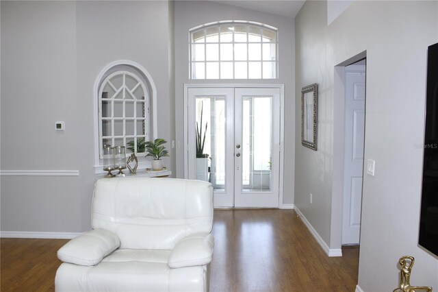 entrance foyer featuring a towering ceiling, wood finished floors, and baseboards