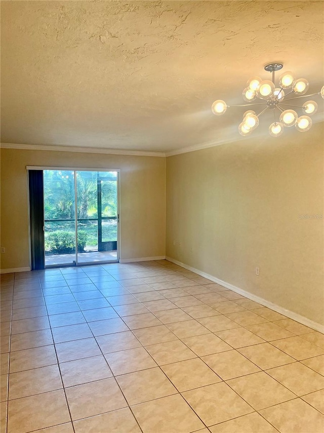 unfurnished room with a notable chandelier, crown molding, light tile patterned floors, and a textured ceiling