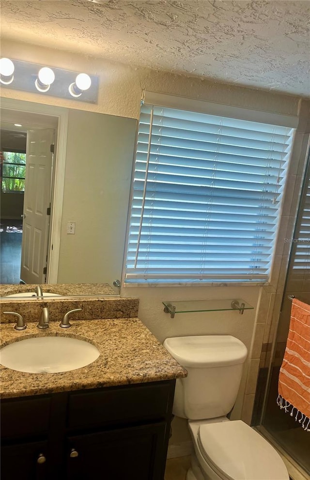 bathroom with vanity, a textured ceiling, a shower with door, and toilet