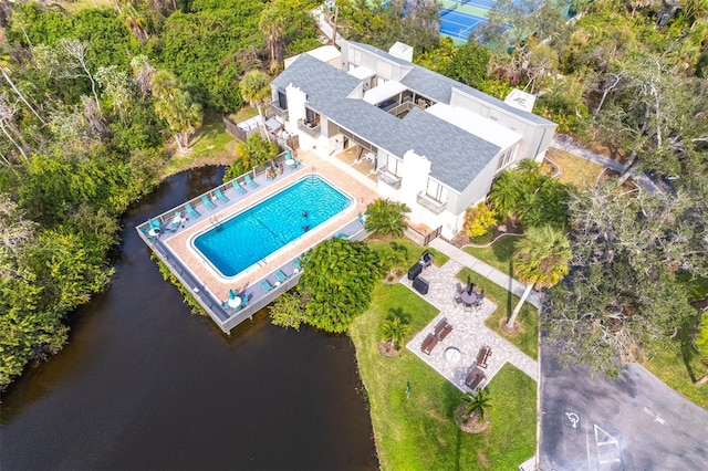 drone / aerial view featuring a water view