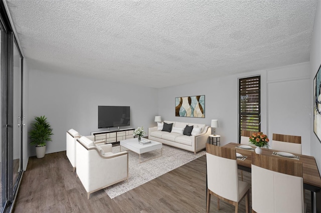 living room with dark wood-type flooring and a textured ceiling