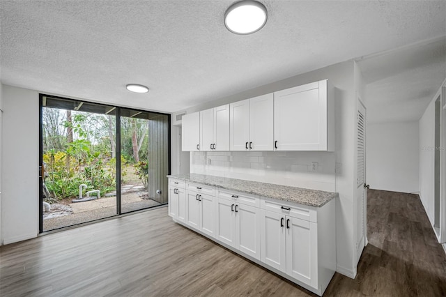 kitchen with a wall of windows, white cabinets, decorative backsplash, and light stone countertops