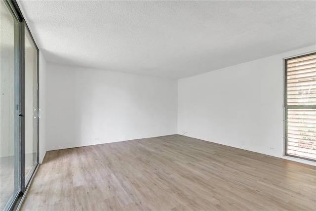 unfurnished room with light wood-type flooring and a textured ceiling