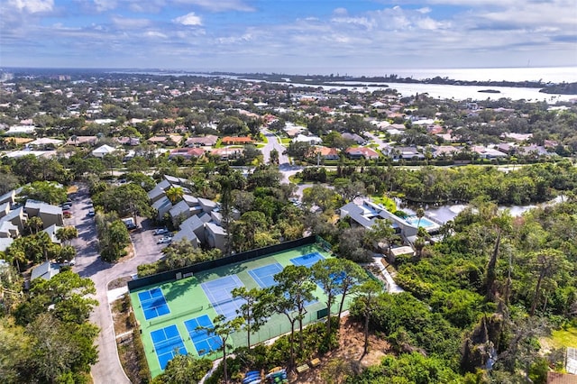 aerial view featuring a water view and a residential view