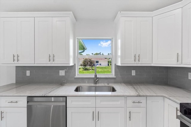 kitchen featuring sink, dishwasher, tasteful backsplash, and white cabinets