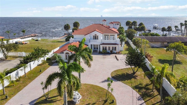 aerial view featuring a water view