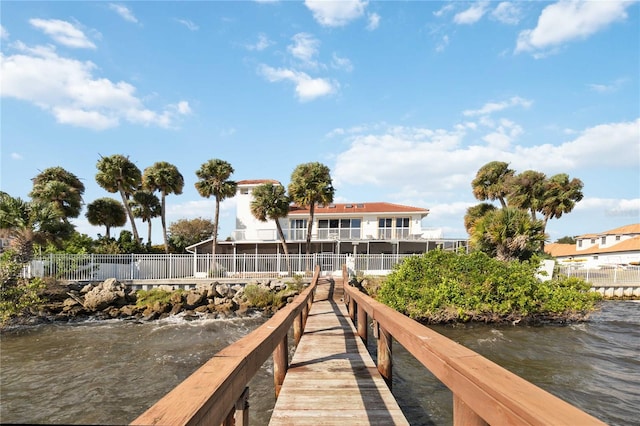 view of dock with a water view