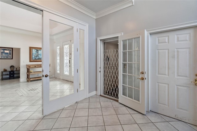 foyer featuring french doors, ornamental molding, and light tile patterned floors