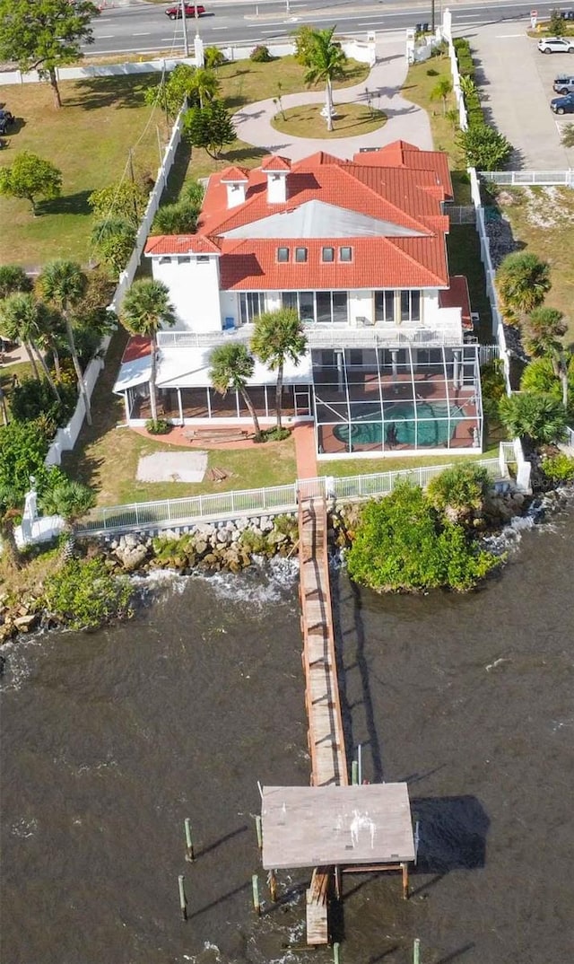 bird's eye view with a water view