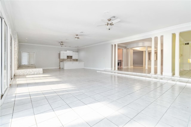 unfurnished living room featuring ornate columns, ornamental molding, light tile patterned flooring, and ceiling fan