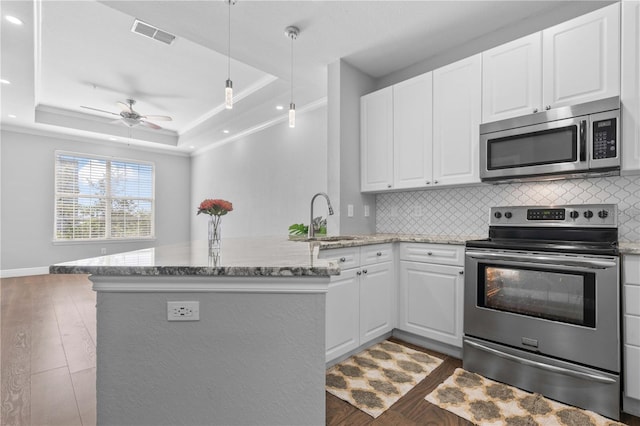 kitchen featuring white cabinetry, stainless steel appliances, kitchen peninsula, and a raised ceiling