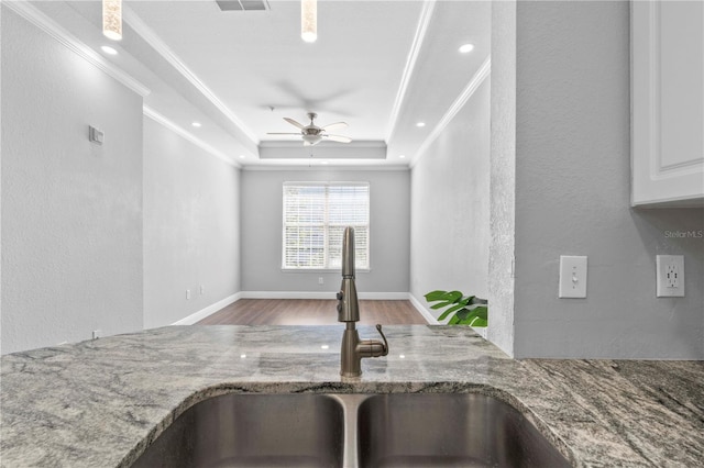 kitchen featuring light hardwood / wood-style floors, ceiling fan, a tray ceiling, stone countertops, and sink