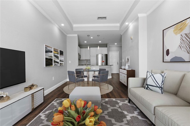 living room featuring crown molding, dark hardwood / wood-style floors, a tray ceiling, and sink