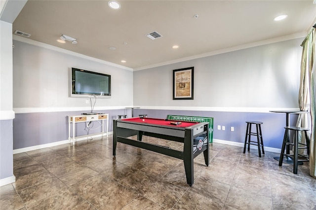 rec room with billiards and ornamental molding