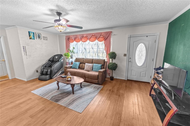 living room with hardwood / wood-style floors, a textured ceiling, and ornamental molding