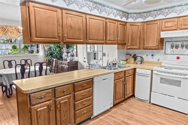 kitchen featuring light hardwood / wood-style floors, sink, white appliances, and crown molding