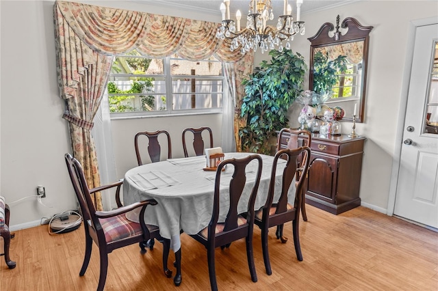 dining room with light hardwood / wood-style floors, a wealth of natural light, and ornamental molding