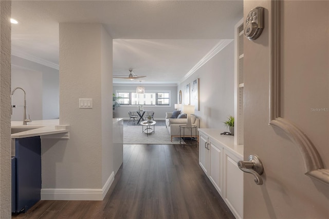 hallway with crown molding, sink, and dark hardwood / wood-style floors