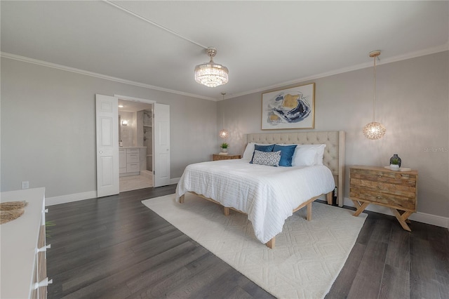 bedroom with crown molding, dark hardwood / wood-style flooring, and a chandelier