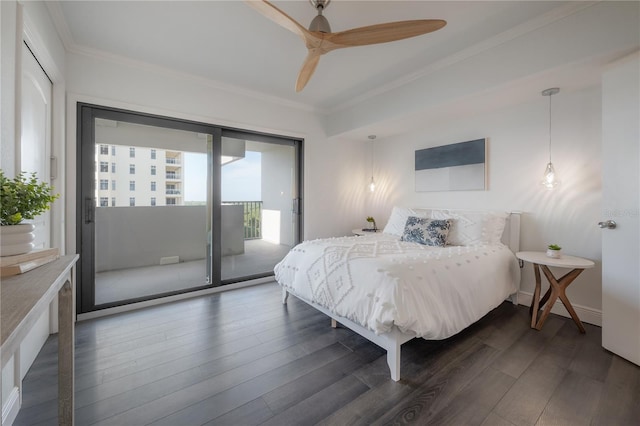 bedroom featuring ceiling fan, ornamental molding, access to exterior, and dark hardwood / wood-style flooring