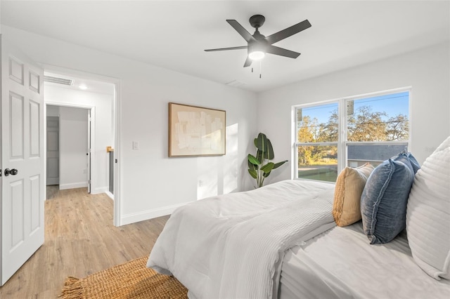 bedroom featuring ceiling fan and light hardwood / wood-style flooring