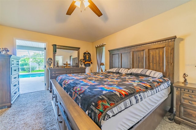 bedroom with a ceiling fan, access to outside, and carpet