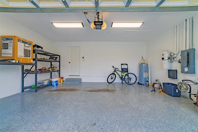 garage with electric panel, electric water heater, and a garage door opener