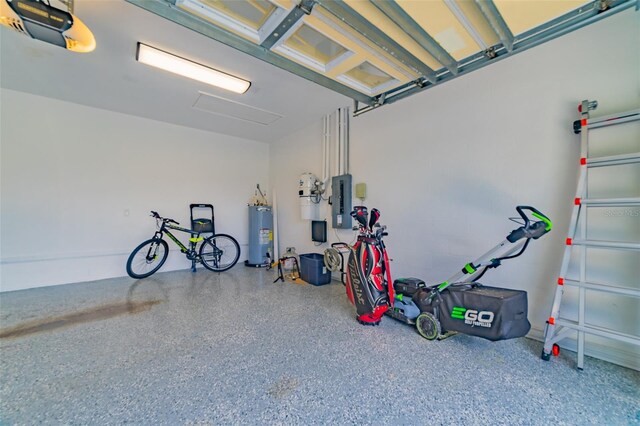 garage with water heater, a garage door opener, and electric panel